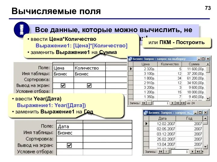 Вычисляемые поля ввести Цена*Количество Выражение1: [Цена]*[Количество] заменить Выражение1 на Сумма