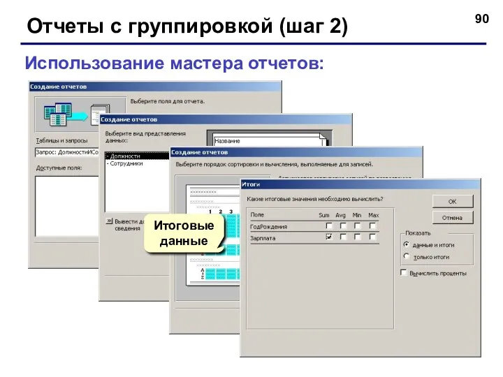 Отчеты с группировкой (шаг 2) Использование мастера отчетов: Итоговые данные