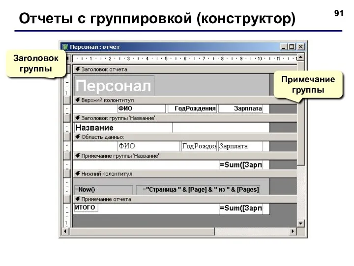 Отчеты с группировкой (конструктор) Заголовок группы Примечание группы