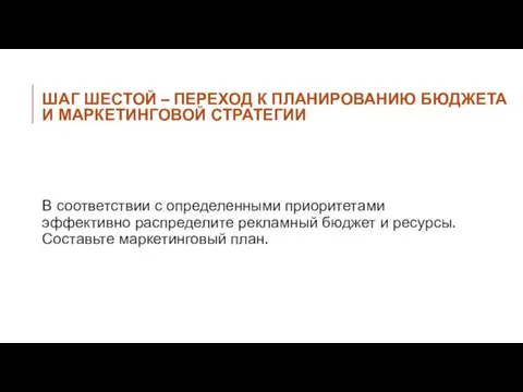 ШАГ ШЕСТОЙ – ПЕРЕХОД К ПЛАНИРОВАНИЮ БЮДЖЕТА И МАРКЕТИНГОВОЙ СТРАТЕГИИ В соответствии с