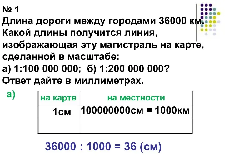 № 1 Длина дороги между городами 36000 км. Какой длины