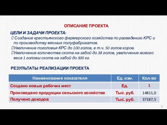 РЕЗУЛЬТАТЫ РЕАЛИЗАЦИИ ПРОЕКТА ЦЕЛИ И ЗАДАЧИ ПРОЕКТА: Создание крестьянского фермерского