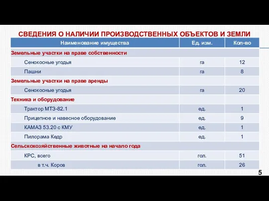 СВЕДЕНИЯ О НАЛИЧИИ ПРОИЗВОДСТВЕННЫХ ОБЪЕКТОВ И ЗЕМЛИ на 01.01.2021 года