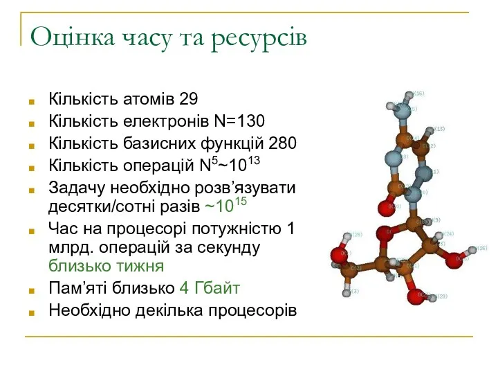 Оцінка часу та ресурсів Кількість атомів 29 Кількість електронів N=130