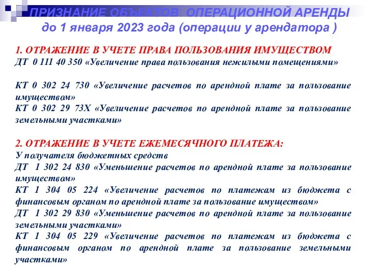 Признание объектов операционной аренды до 1 января 2023 года (операции у арендатора )