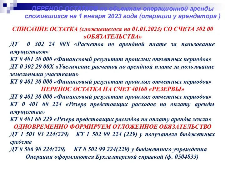 ПЕРЕНОС ОСТАТКОВ по объектам операционной аренды сложившихся на 1 января