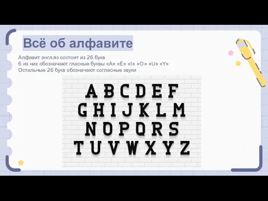 Всё об алфавите Алфавит англ.яз состоит из 26 букв 6