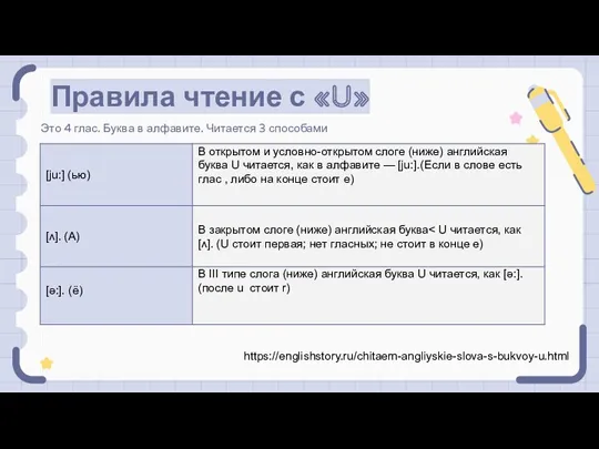 Правила чтение с «U» Это 4 глас. Буква в алфавите. Читается 3 способами . . https://englishstory.ru/chitaem-angliyskie-slova-s-bukvoy-u.html