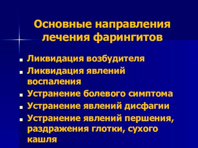 Основные направления лечения фарингитов Ликвидация возбудителя Ликвидация явлений воспаления Устранение болевого симптома Устранение