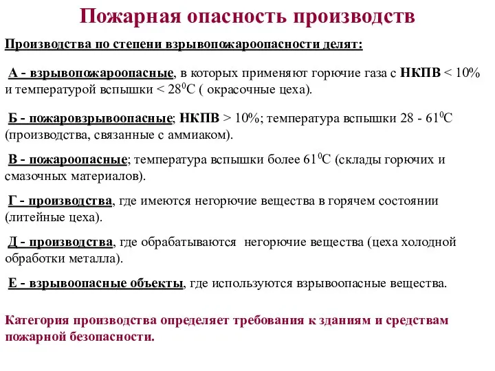 Пожарная опасность производств Производства по степени взрывопожароопасности делят: А -