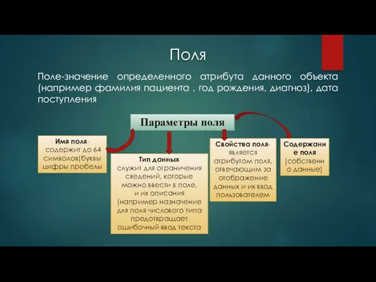 Поля Поле-значение определенного атрибута данного объекта (например фамилия пациента , год рождения, диагноз), дата поступления