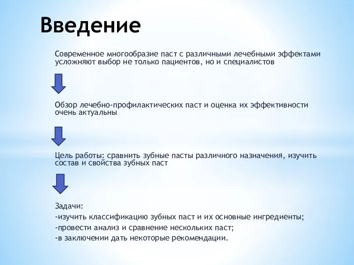 Введение Современное многообразие паст с различными лечебными эффектами усложняют выбор