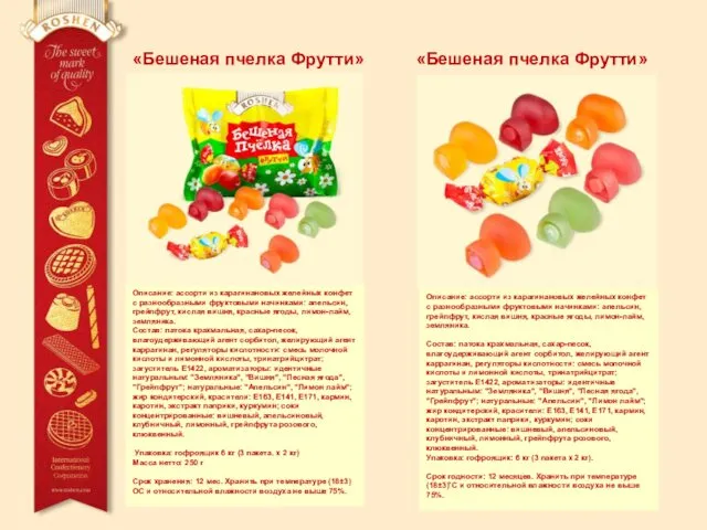 Описание: ассорти из карагинановых желейных конфет с разнообразными фруктовыми начинками: апельсин, грейпфрут, кислая