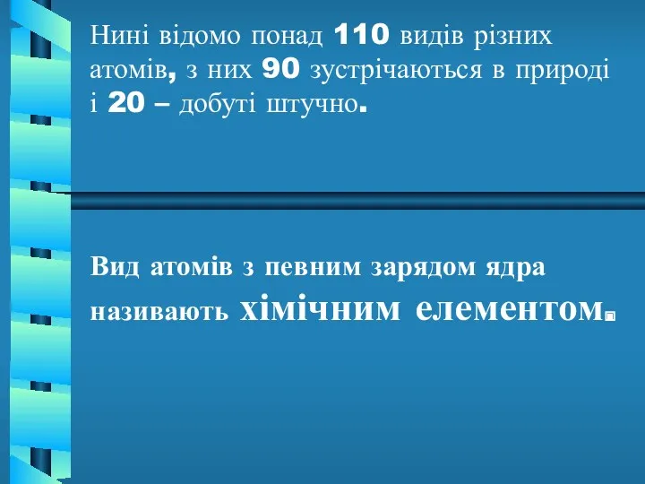 Нині відомо понад 110 видів різних атомів, з них 90