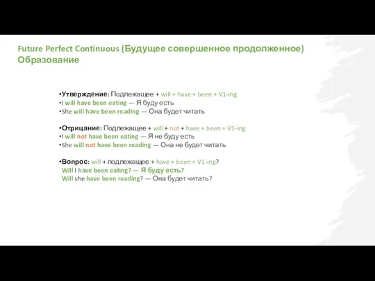 Future Perfect Continuous (Будущее совершенное продолженное) Образование Утверждение: Подлежащее +