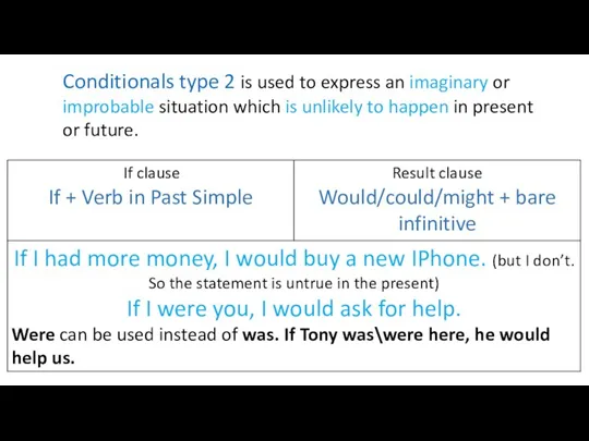 Conditionals type 2 is used to express an imaginary or