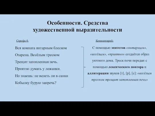 Особенности. Средства художественной выразительности Строфа 4: Комментарий: Вся комната янтарным