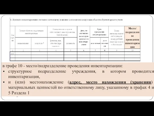 gosbu.ru в графе 10 - место/подразделение проведения инвентаризации: структурное подразделение