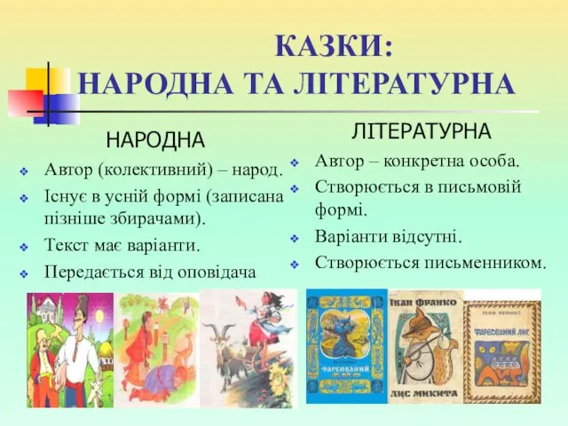 КАЗКИ: НАРОДНА ТА ЛІТЕРАТУРНА НАРОДНА Автор (колективний) – народ. Існує