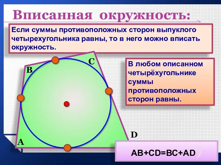 Если суммы противоположных сторон выпуклого четырехугольника равны, то в него