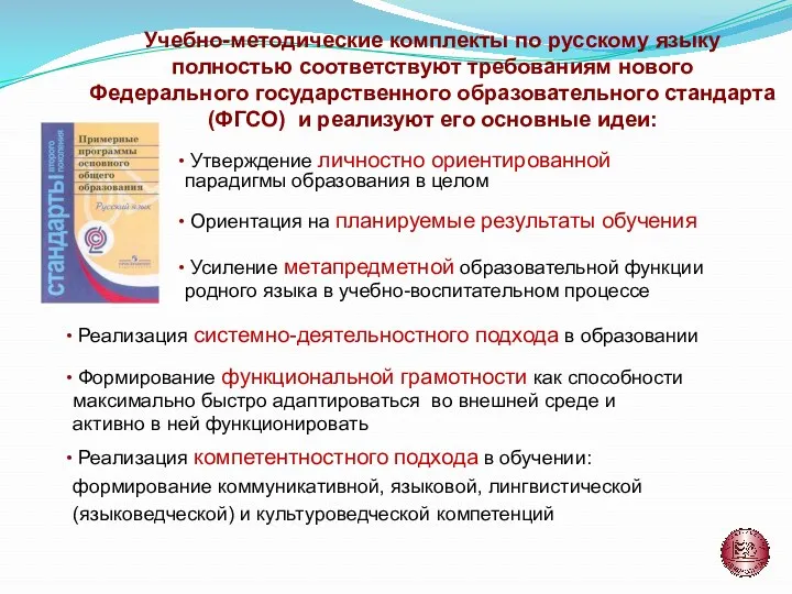 Учебно-методические комплекты по русскому языку полностью соответствуют требованиям нового Федерального