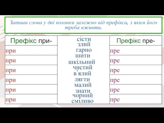 Запиши слова у дві колонки залежно від префікса, з яким