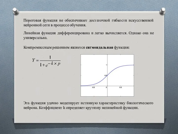 Пороговая функция не обеспечивает достаточной гибкости искусственной нейронной сети в