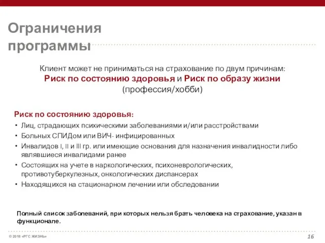 Ограничения программы Клиент может не приниматься на страхование по двум