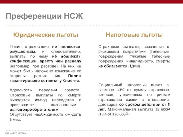 Преференции НСЖ Юридические льготы Налоговые льготы Полис страхования не являются