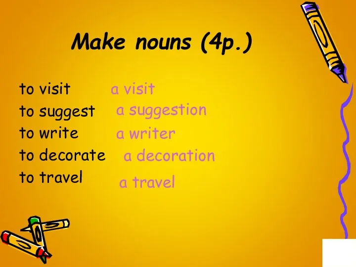 Make nouns (4p.) to visit to suggest to write to