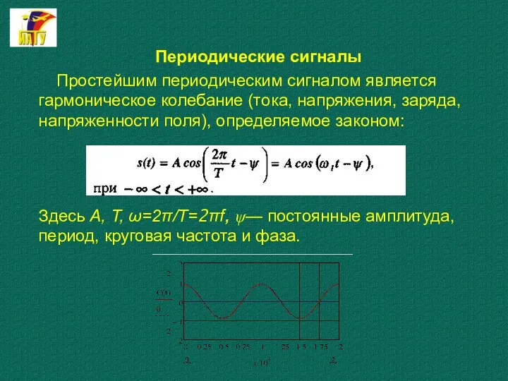 Периодические сигналы Простейшим периодическим сигналом является гармоническое колебание (тока, напряжения,