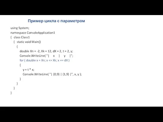 Пример цикла с параметром using System; namespace ConsoleApplication1 { class