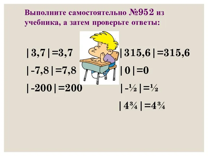 Выполните самостоятельно №952 из учебника, а затем проверьте ответы: |3,7|=3,7 |315,6|=315,6 |-7,8|=7,8 |0|=0 |-200|=200 |-½|=½ |4¾|=4¾