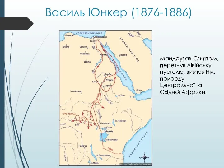 Василь Юнкер (1876-1886) Мандрував Єгиптом, перетнув Лівійську пустелю, вивчав Ніл, природу Центральної та Східної Африки.