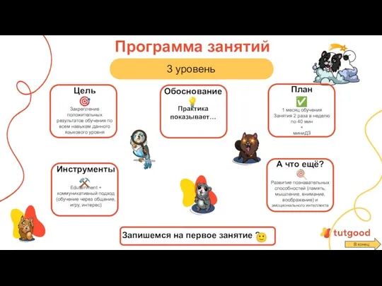 Программа занятий 3 уровень Цель Закрепление положительных результатов обучения по