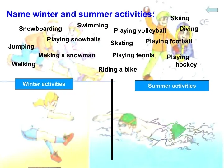 Name winter and summer activities: Swimming Snowboarding Playing volleyball Skiing