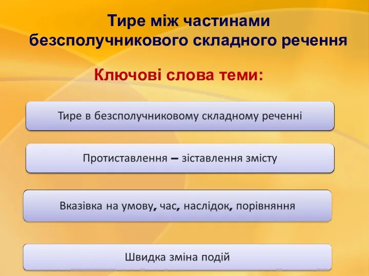 Тире між частинами безсполучникового складного речення Ключові слова теми: