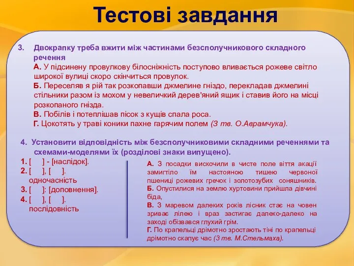 Тестові завдання Двокрапку треба вжити між частинами безсполучникового складного речення