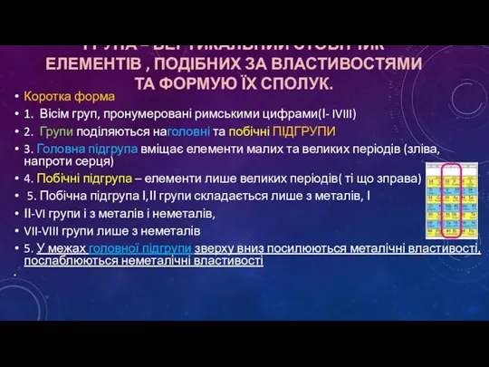 ГРУПА – ВЕРТИКАЛЬНИЙ СТОВПЧИК ЕЛЕМЕНТІВ , ПОДІБНИХ ЗА ВЛАСТИВОСТЯМИ ТА