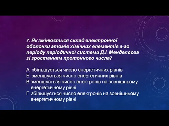 7. Як змінюється склад електронної оболонки атомів хімічних елементів 3-го