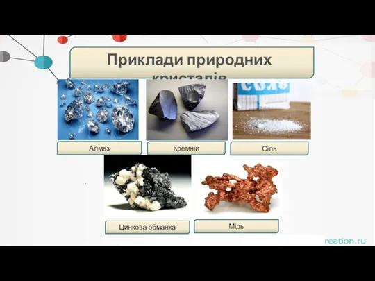 . Приклади природних кристалів Алмаз Кремній Сіль Цинкова обманка Мідь