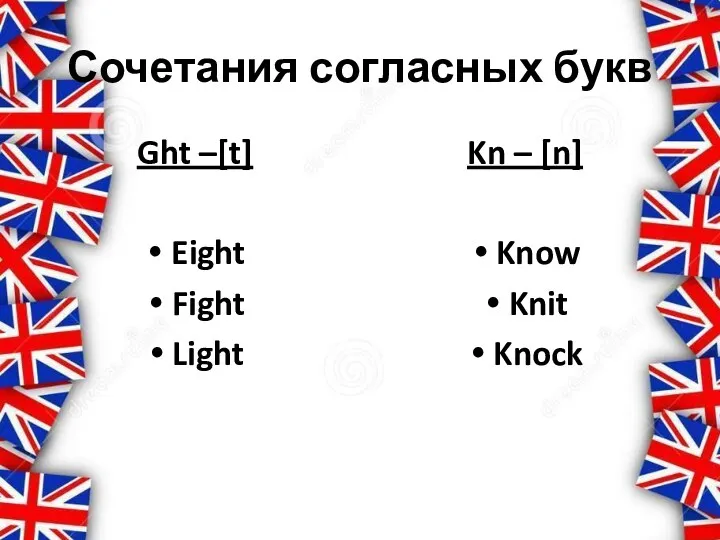 Сочетания согласных букв Ght –[t] Eight Fight Light Kn – [n] Know Knit Knock