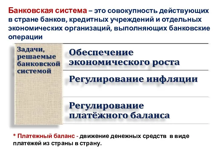 Банковская система – это совокупность действующих в стране банков, кредитных