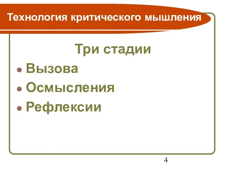 Технология критического мышления Три стадии Вызова Осмысления Рефлексии