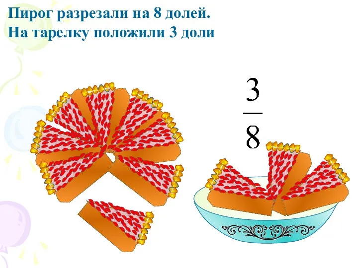 Пирог разрезали на 8 долей. На тарелку положили 3 доли