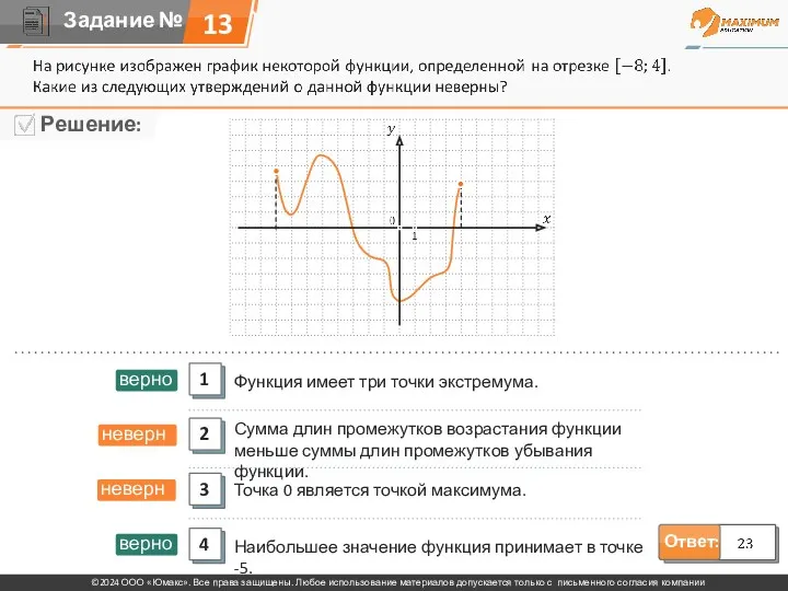 13 Функция имеет три точки экстремума. Сумма длин промежутков возрастания