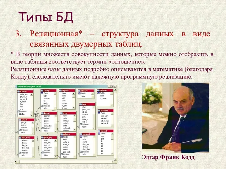 Типы БД Реляционная* – структура данных в виде связанных двумерных