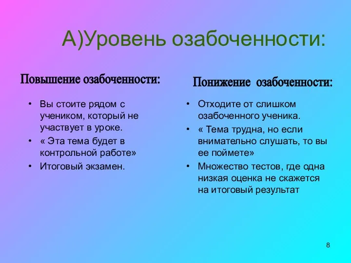 А)Уровень озабоченности: Вы стоите рядом с учеником, который не участвует