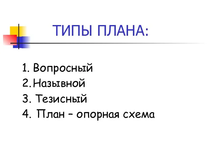 ТИПЫ ПЛАНА: 1. Вопросный 2. Назывной 3. Тезисный 4. План – опорная схема