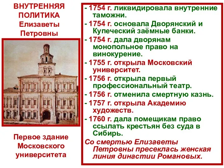 - 1754 г. ликвидировала внутренние таможни. - 1754 г. основала